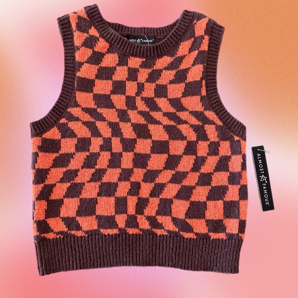 Almost Famous Jackets & Blazers - 🧡Almost Famous Orange and Brown Checkered Swester Vest🪩